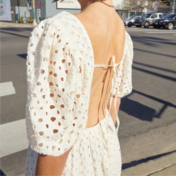 Oak Fort Eyelet Midi Dress Short Puff Sleeve Open Tie Back Gathered Front White - Picture 7 of 11